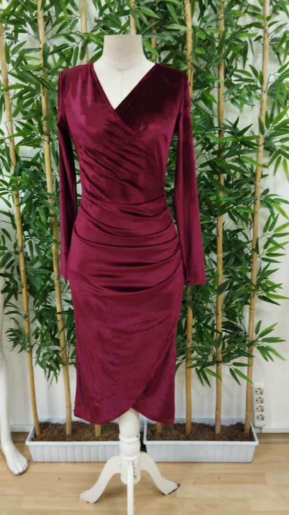 Rochie din velur midi cu guler încrucișat, mâneci lungi și fronseu la talie, pentru femei, 27720