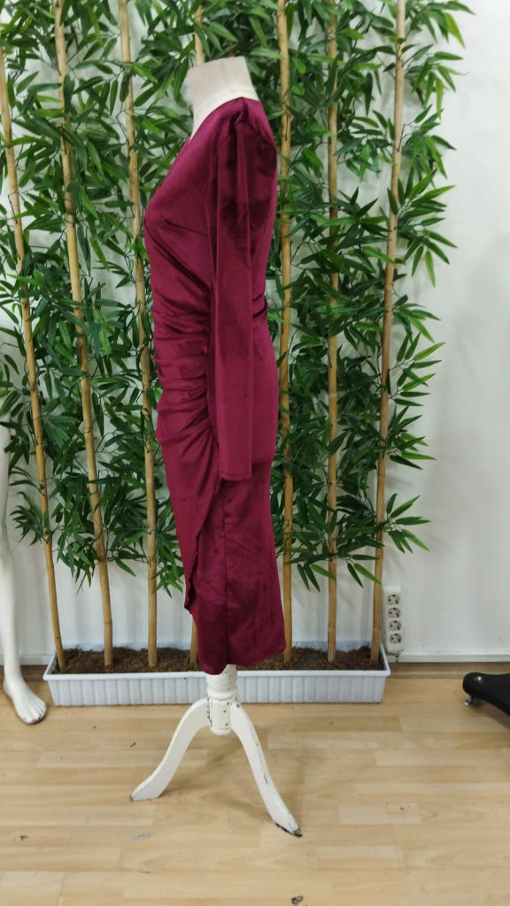 Rochie din velur midi cu guler încrucișat, mâneci lungi și fronseu la talie, pentru femei, 27720
