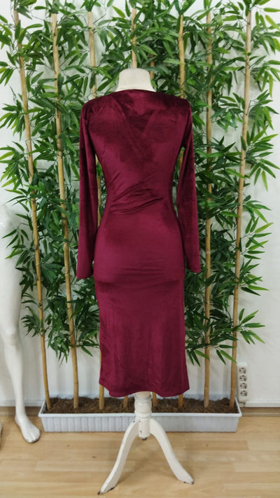 Rochie din velur midi cu guler încrucișat, mâneci lungi și fronseu la talie, pentru femei, 27720