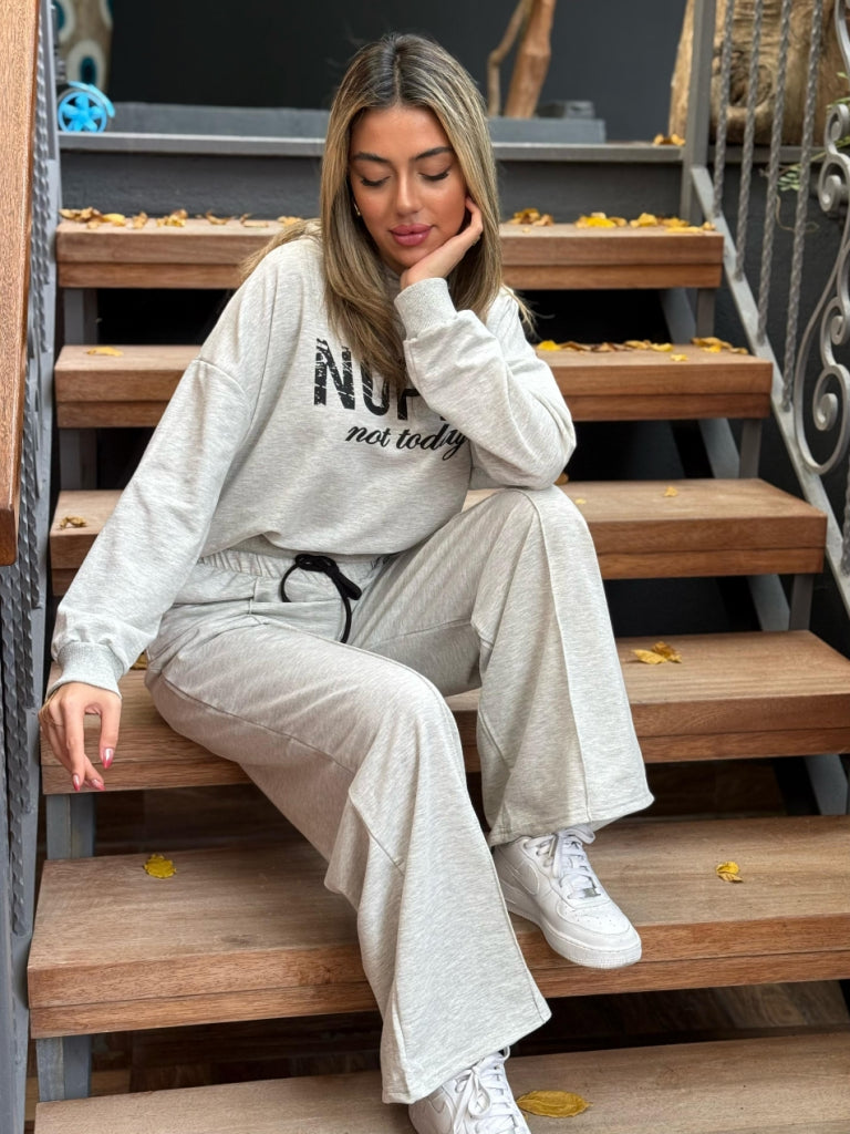 Set de două piese: Bluză cu mâneci lungi cu tipar Nope și talie cu panglică elastică pentru femei, 29396