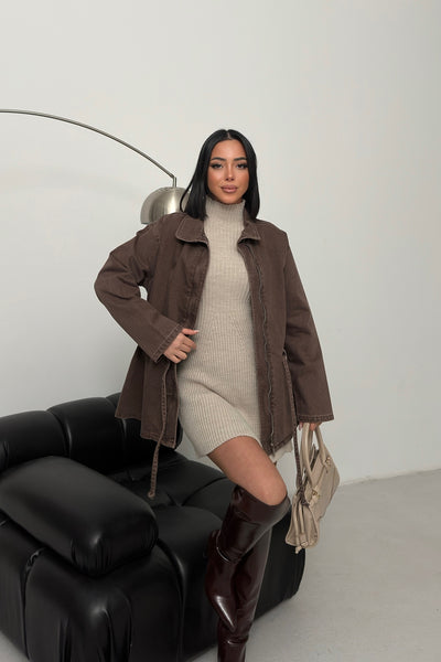 Jachetă Denim cu Detalii de Fronceu la Talie 6145