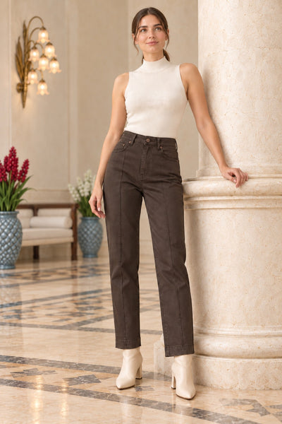 Pantaloni din piele acoperită Chimali Mom Fit 7499