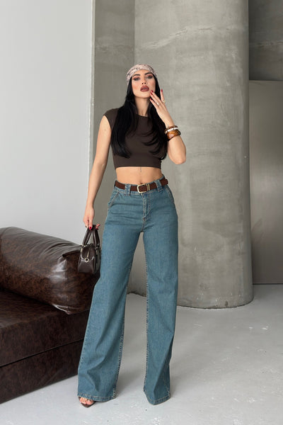 Pantalon Denim Palazzo cu Pliseu 7093