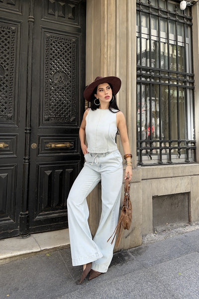 Kolsuz Bluz ve Bağcıklı Relax Pantolon Takım 3214
