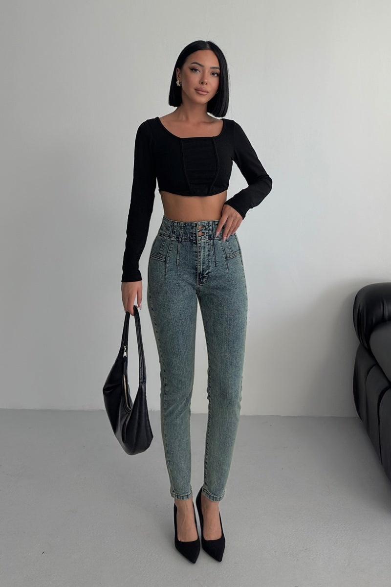 Pantalon Denim Skinny cu Pliseu 7053