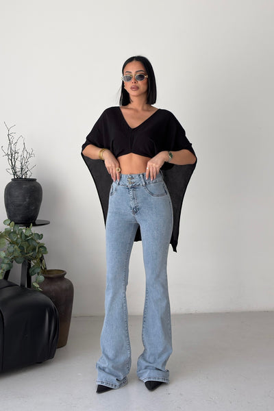Pantaloni Denim cu Curea Lată și Pense 7151