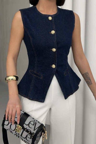 Vestă din denim cu nasturi și croială la talie 6086