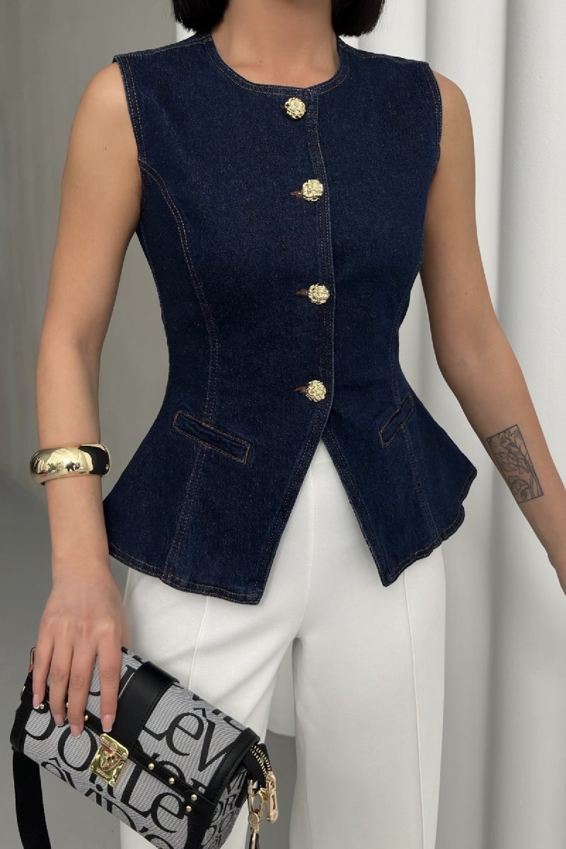 Vestă din denim cu nasturi și croială la talie 6086