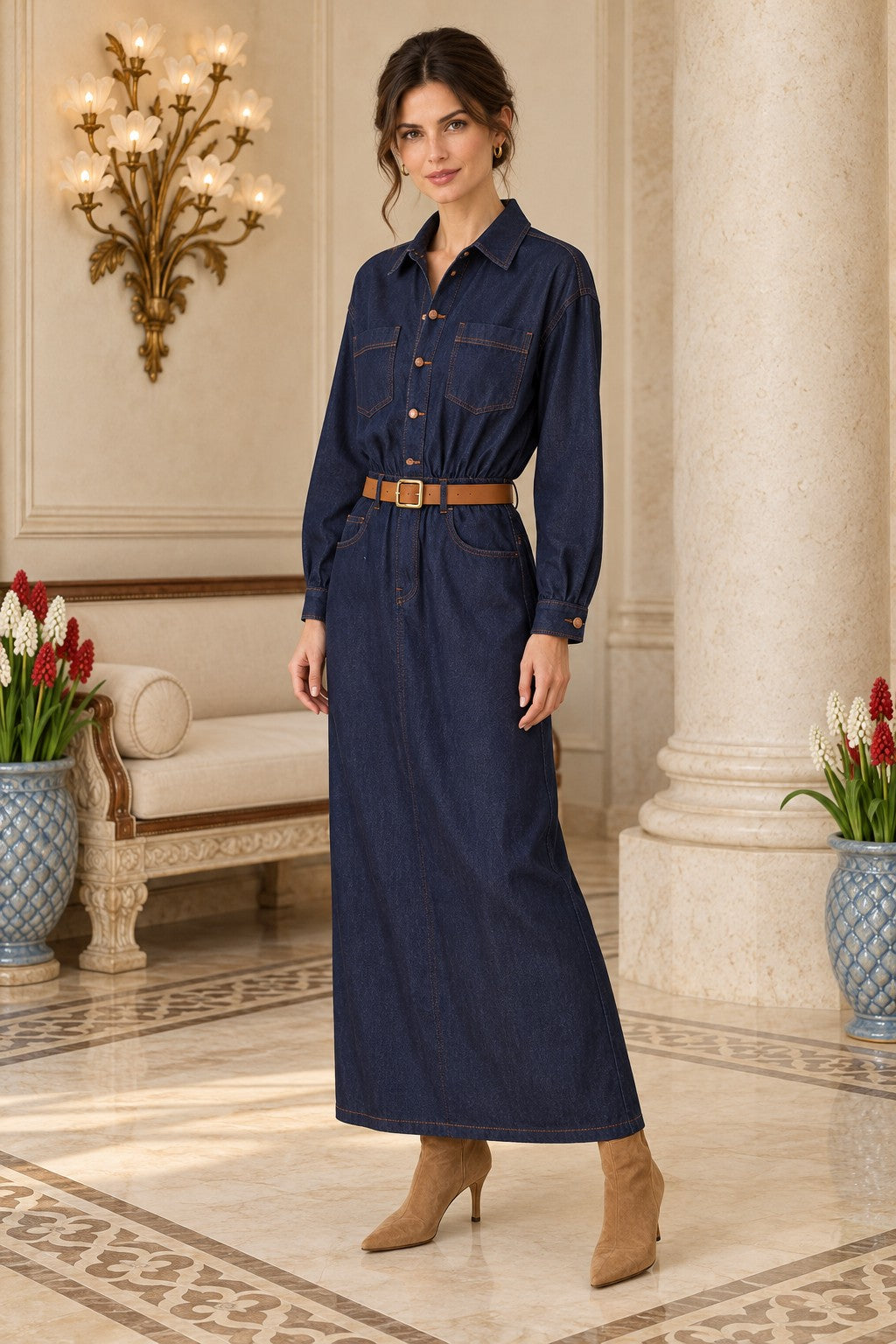 Rochie din denim drapată cu cămașă și curea 3101