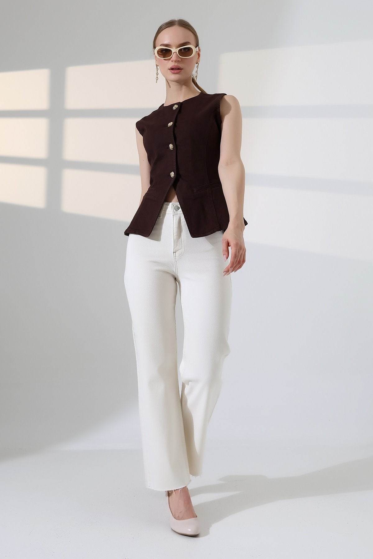 Pantalon Denim Palazzo cu Buzunare Decorative 1710