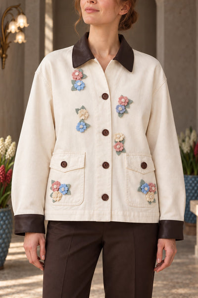 Floral Taşlı Deri Garnili Ceket 6305