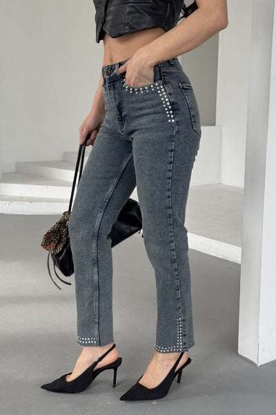 Pantalon Denim Mom Fit cu Pietre 7023