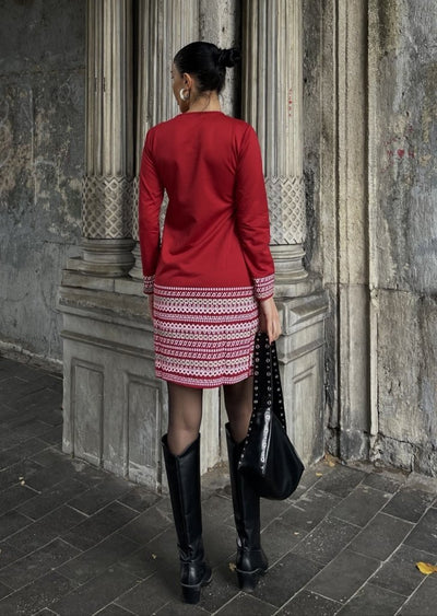 Rochie de damă lungă, cu mâneci lungi, guler rotund, cu imprimeu la manșete și tiv, din țesătură cu două fire, 28926