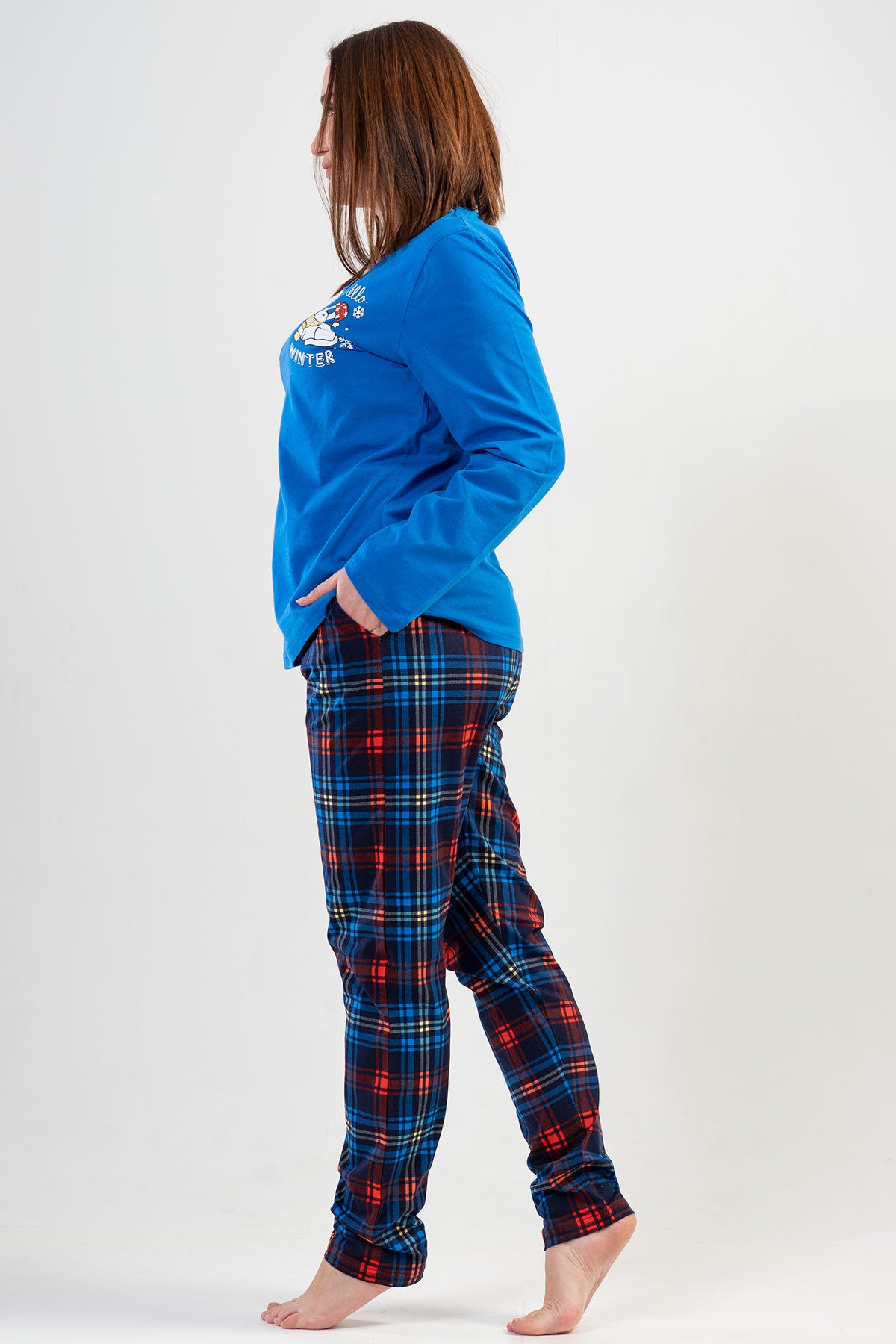 Set pijama damă P.SUPREM XXL guler rotund, mânecă lungă, tiv oval, cu buzunare – SAX