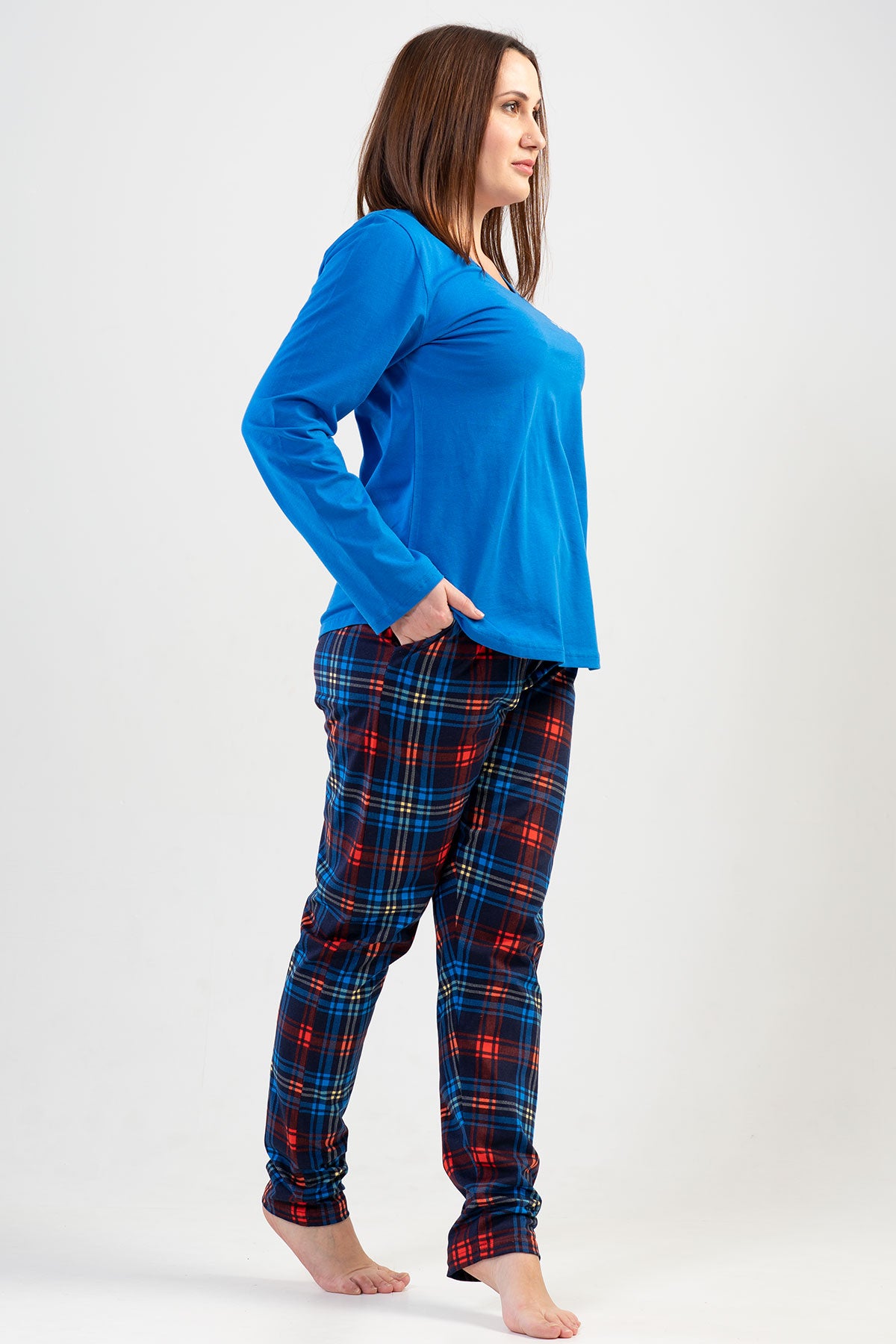 Set pijama damă P.SUPREM XXL guler rotund, mânecă lungă, tiv oval, cu buzunare – SAX