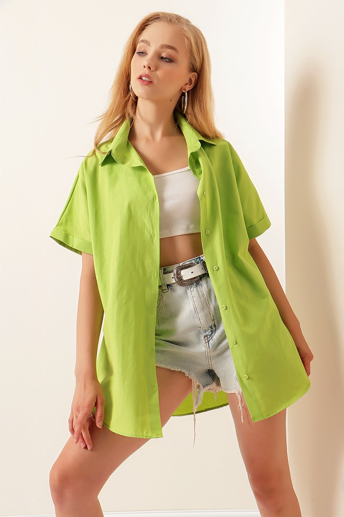 20120 Cămașă Oversize cu Mâneci Scurte - Verde Deschis