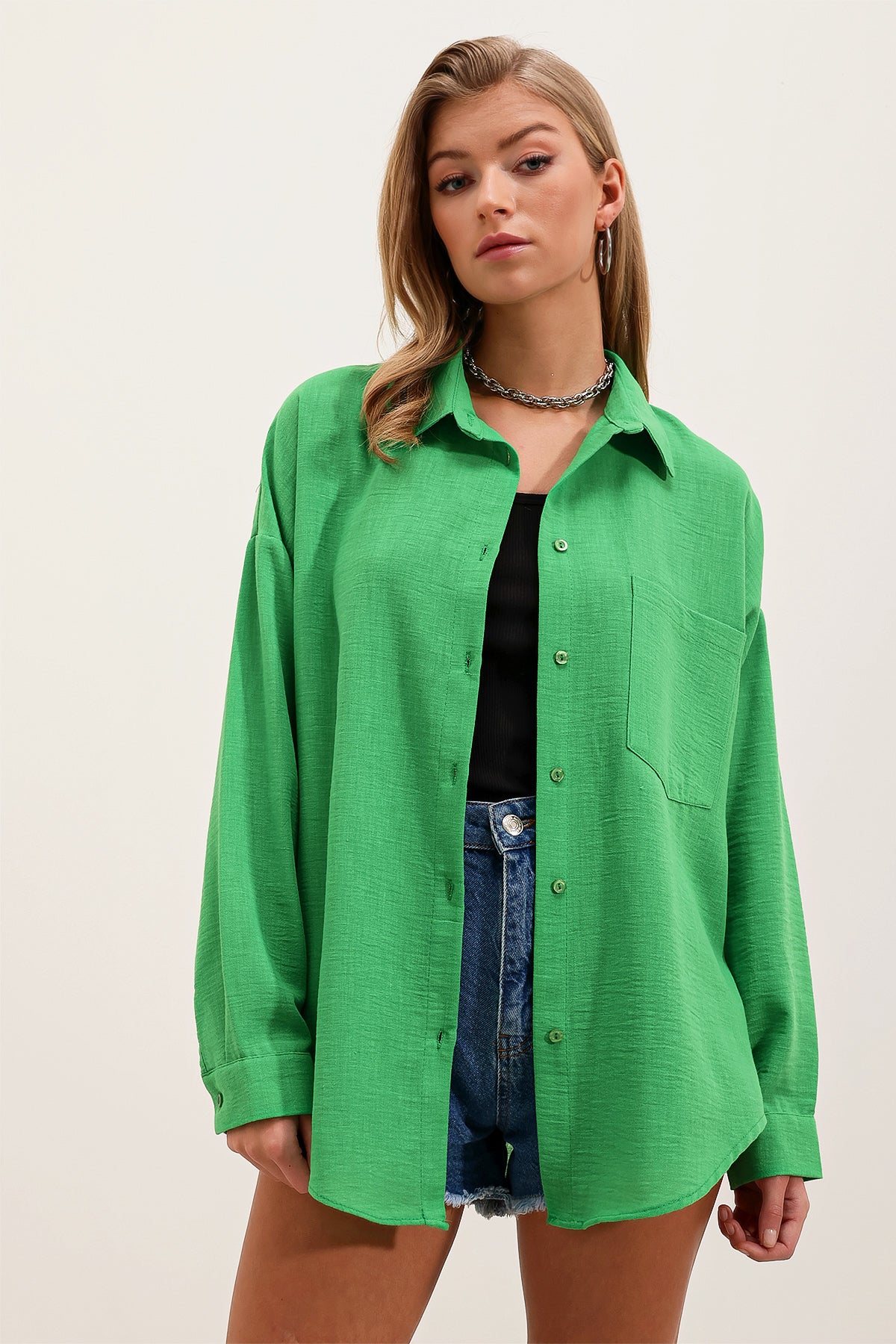 Tek Cepli Oversize Keten Gömlek - Yeşil