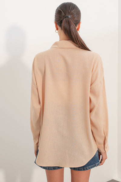 20153 Tek Cepli Oversize Keten Gömlek - A.Bej