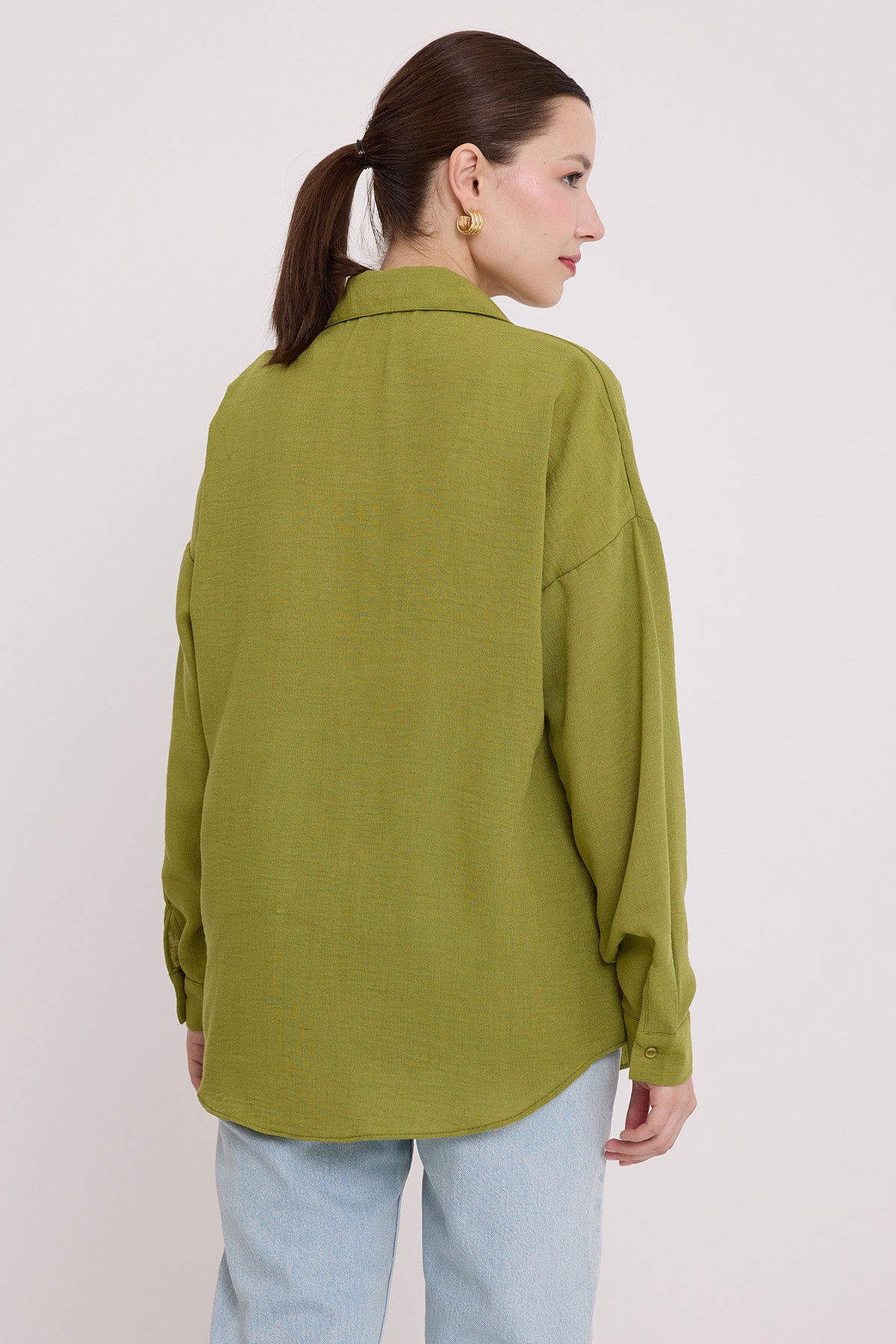 20153 Tek Cepli Oversize Keten Gömlek - A.Yeşil
