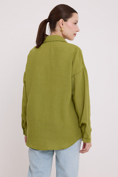 20153 Tek Cepli Oversize Keten Gömlek - A.Yeşil