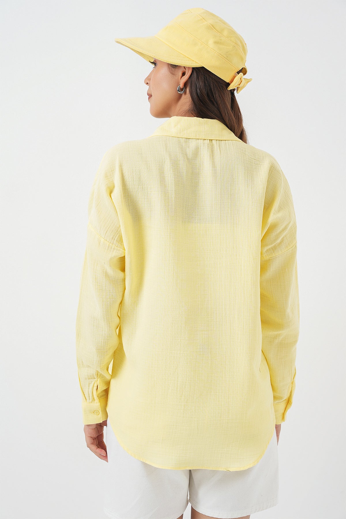 20153 Tek Cepli Oversize Keten Gömlek - Açık Sarı