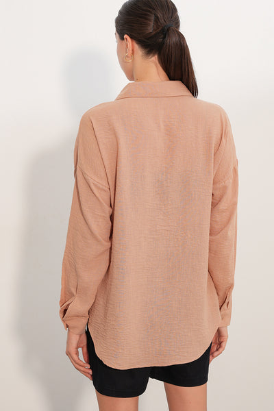 20153 Tek Cepli Oversize Keten Gömlek - Bisküvi