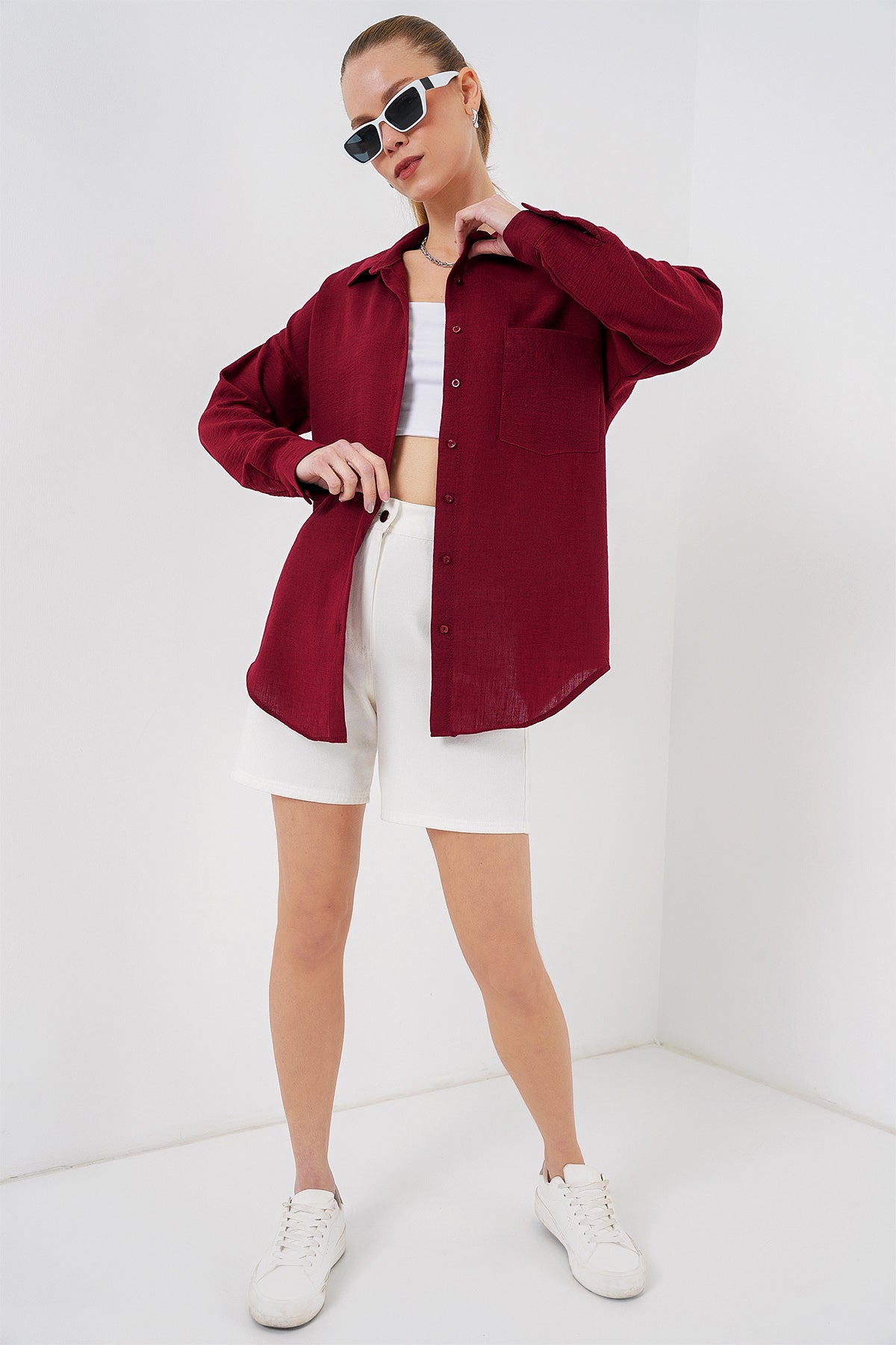 20153 Camasa din in oversize cu o buzunar - Bordo