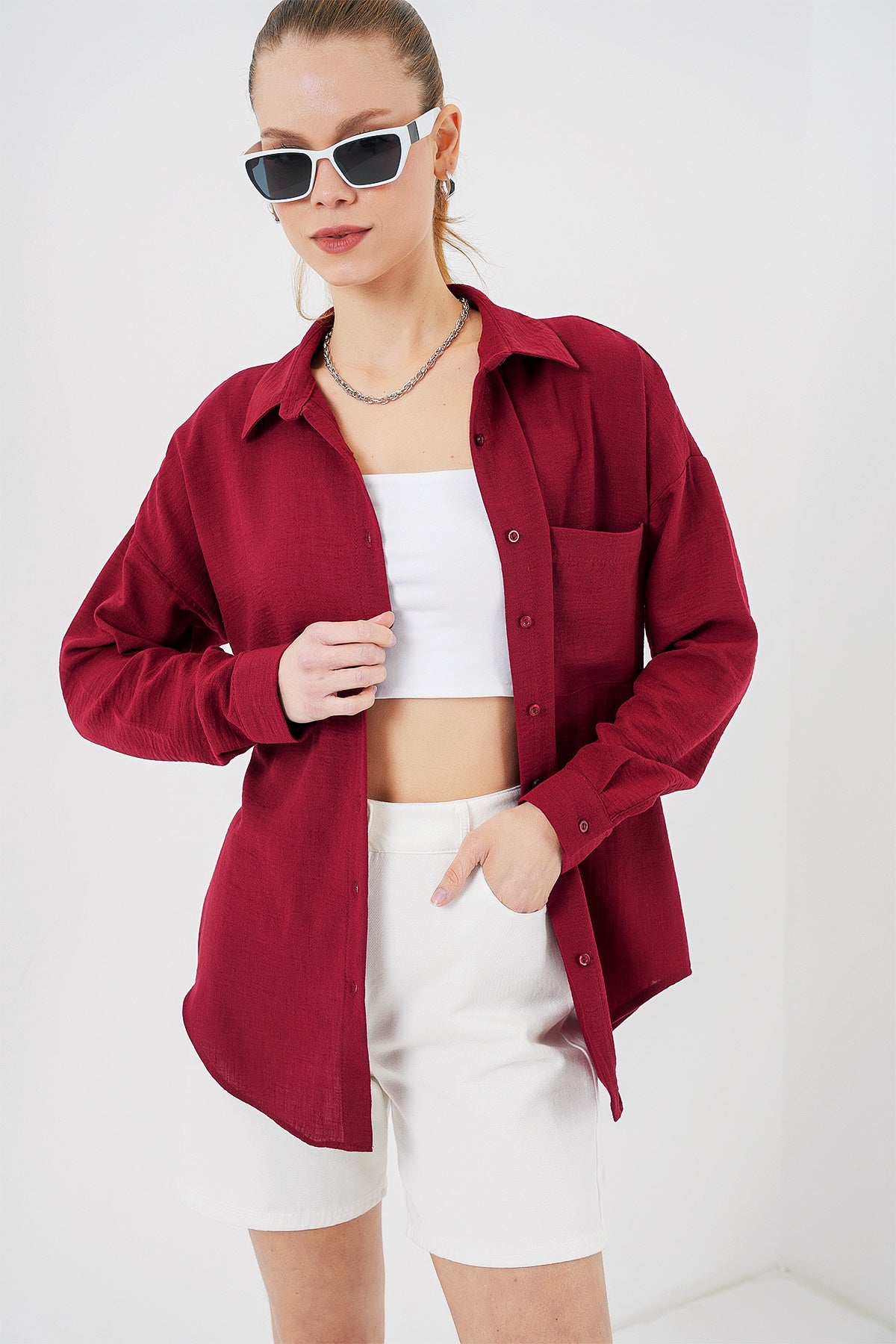 20153 Camasa din in oversize cu o buzunar - Bordo