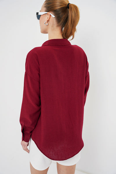 20153 Camasa din in oversize cu o buzunar - Bordo