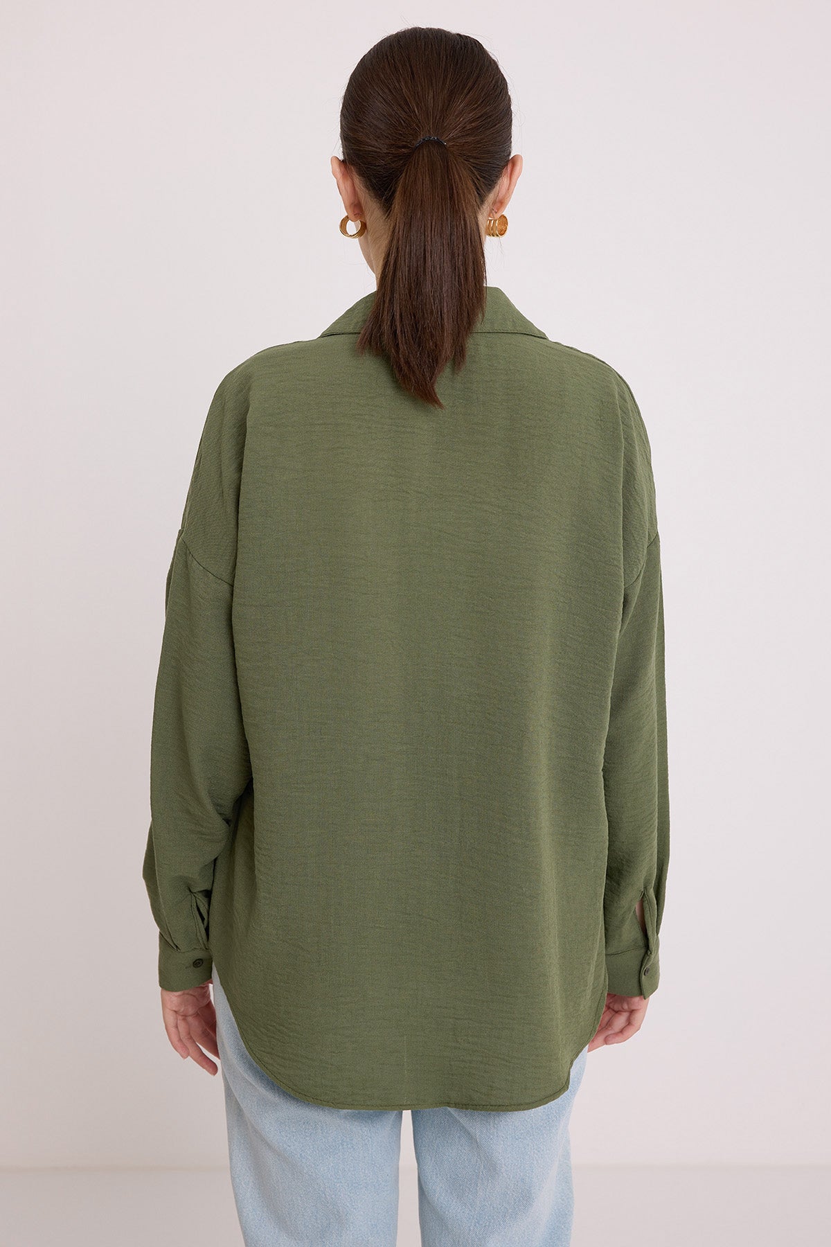 20153 Tek Cepli Oversize Keten Gömlek - Haki