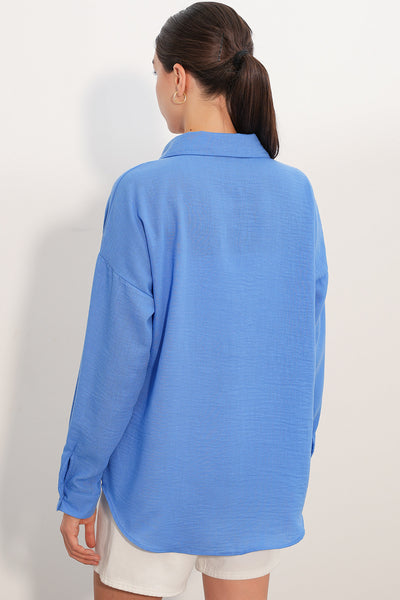 20153 Tek Cepli Oversize Keten Gömlek - Saks