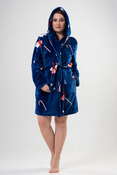 Kadın Soft Xxl Kapşonlu Uzun Kol Cepli Kısa Sabahlık - Dress Blues