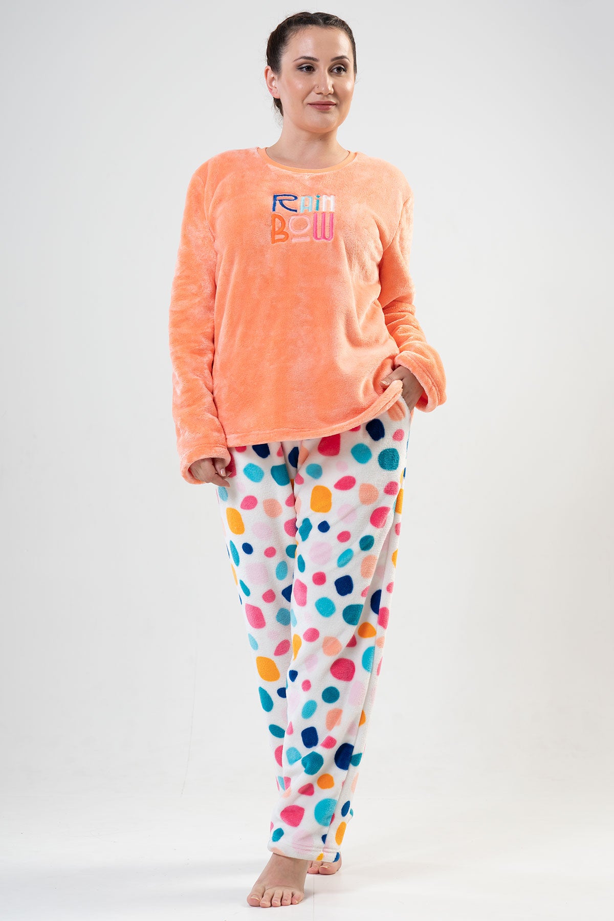 Pijama damă SOFT XXL, guler rotund, mânecă lungă, tiv oval, buzunare, set - PORTOCALIU