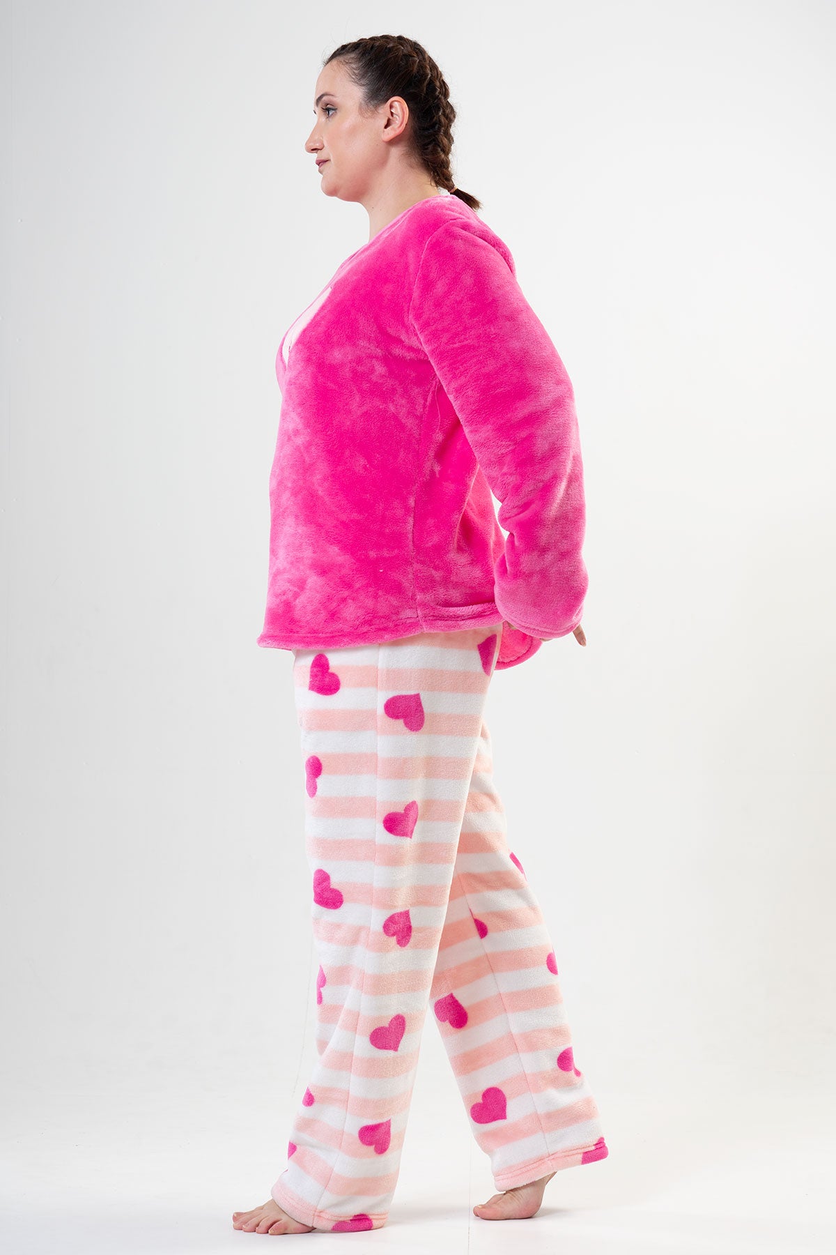 Pijama damă Soft XXL, decolteu rotund, mânecă lungă, tiv oval, cu buzunare - Fucsia