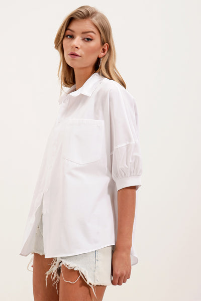20213 Cămașă basic oversized cu mânecă scurtă - Alb
