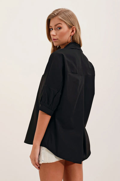20213 Cămașă basic oversized cu mânecă scurtă - Negru