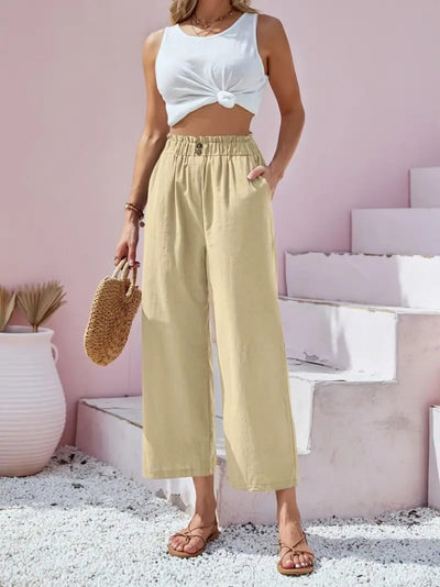 Pantaloni Capri din in pentru femei, cu talie încrețită și nasturi, 24633