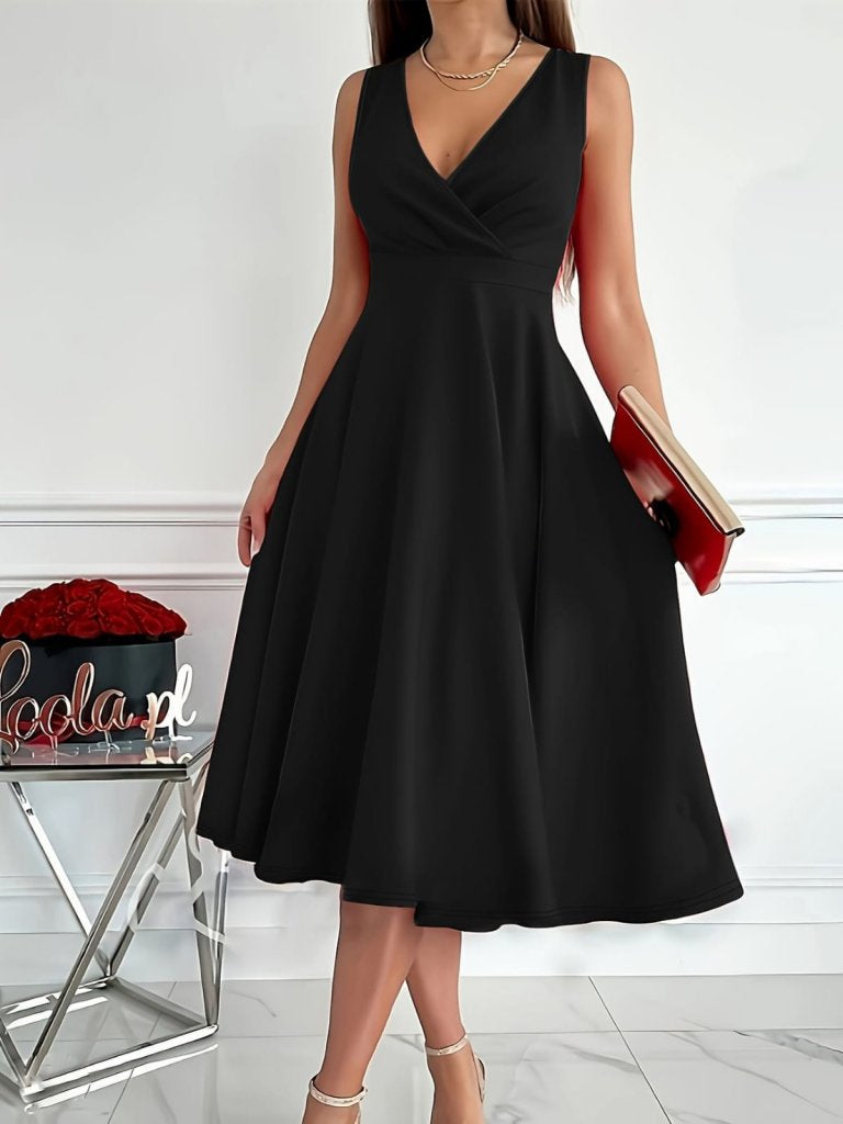 Rochie Mini Femei, fără mâneci, cu guler în V, din țesătură tip crep importată, fustă cloș, 35644