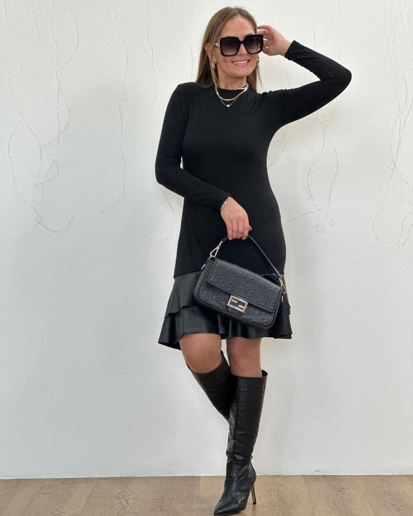 Rochie scurtă de damă cu mânecă lungă și guler la baza gâtului, cu tiv din piele, din vâscoză, 27058
