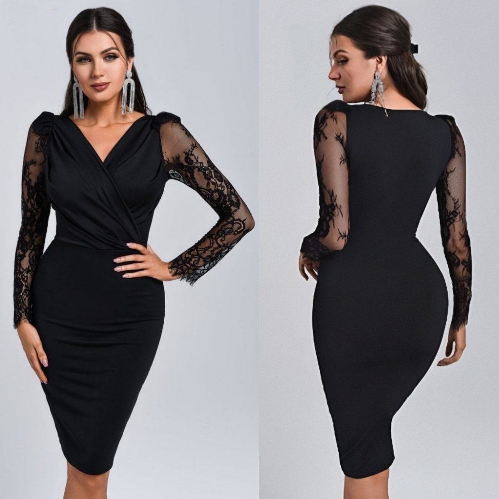 Rochie mini din crepă cu mâneci lungi, guler încrucișat, detaliu tul la manșete, 29948