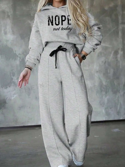 Set de două piese: Bluză cu mâneci lungi cu tipar Nope și talie cu panglică elastică pentru femei, 29396