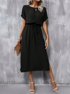 Rochie de damă din viscoză cu mânecă scurtă, decolteu deschis, cu nod în talie, crăpături, 23590