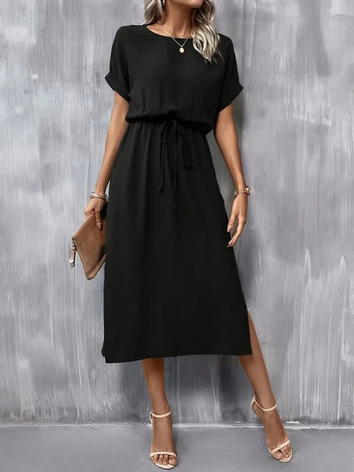 Rochie de damă din viscoză cu mânecă scurtă, decolteu deschis, cu nod în talie, crăpături, 23590