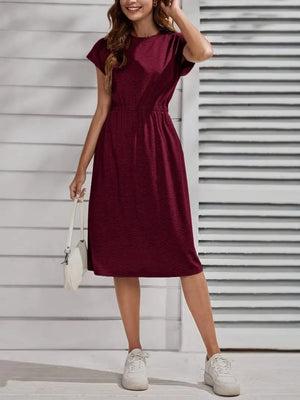 Rochie midi din viscoză cu mânecă scurtă și guler rotund pentru femei, cu talie elastică, 33927