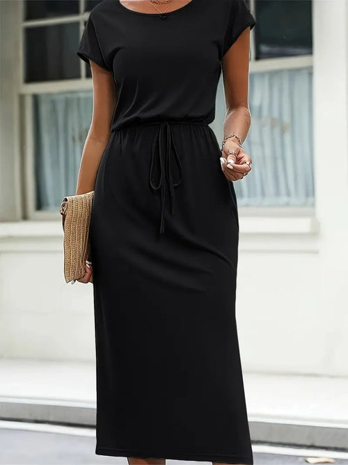 Rochie midi din viscoză pentru femei, cu mânecă scurtă, decolteu deschis, talie cu curea, crăpătură laterală, 24109