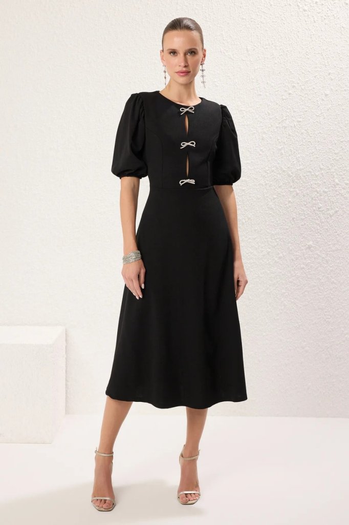 Rochie midi din crep kiloș importat cu mâneci scurte și detaliu cu panglică picătură, 24146