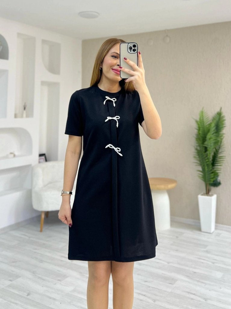 Rochie de damă cu mânecă scurtă, guler rotund, din crep importat, cu fundă în față, 24501