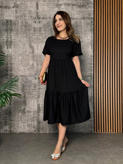 Women's Short Sleeve Open Collar Tiered Crinkle Balloon Dress, 33894