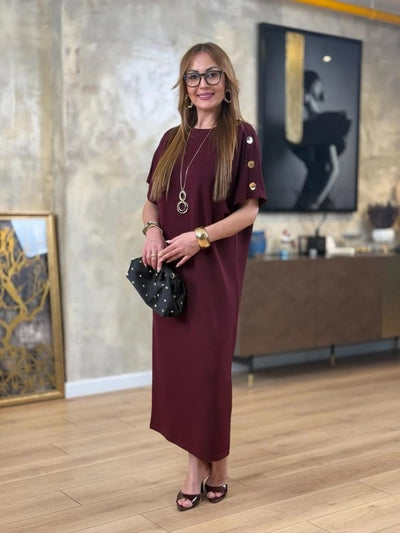 Rochie lungă din viscoză cu două fire, cu guler rotund și mânecă scurtă, 31240