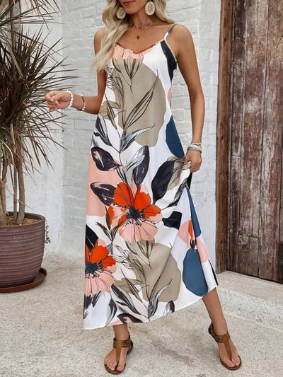 Rochie de damă din poplin, cu bretele subțiri, decolteu amplu în V și imprimeu, 34080